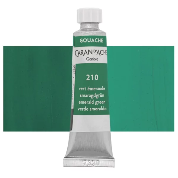 A single Emerald Green Caran D'Ache Studio Gouache Tube is shown vertically in the center of the frame, overlapping a rectangular colour swatch in the background, which denotes the colour of the paint. The tube is silver and has a label around the body of the tube, that is printed in the colour of the paint. The Caran D'Ache logo, Paint Colour and details are printed on the label. The tube has a white plastic screw on cap. On a white background.