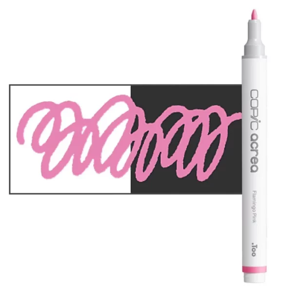 A single Flamingo Pink Copic Acrea Paint Marker is shown standing vertically along the right hand side of the frame. The marker does not have a lid on, so you can see the round bullet tip. The marker is white with a colour band around the bottom of the marker barrel that denotes the colour of the ink. There is a rectangular colour swatch to the left of the marker, and slightly under the marker. The ink is shown on a squiggle that is overlayed on a white and black bakground so you can see the ink is opaque. The image is center of the frame and on a white background.