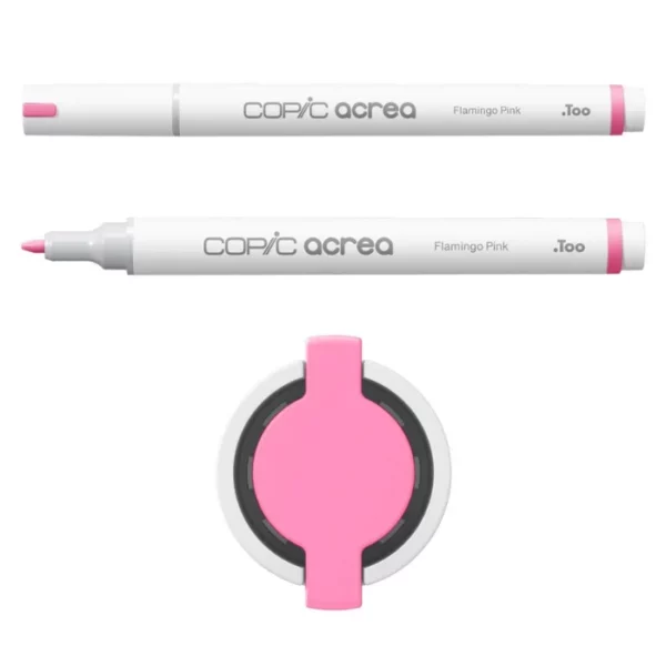 Two Flamingo Pink Copic Acrea Paint Markers are shown, laying horizontally, one below the other, at the top of the frame. The marker at the top has a lid on and the marker below it has no lid. The markers are white and have a colour band around the base of the barrel that denotes the colour of the ink. The Copic Acrea logo is printed on the barrel of the marker with the colour name. The top of a lid can be seen in the center, bottom of the frame. There is a coloured circle on the cap that denotes the colour of the ink. The image is center of the frame and on a white background.