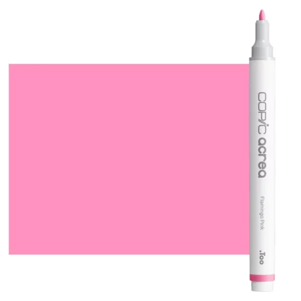 A single Flamingo Pink Copic Acrea Paint Marker is shown standing vertically along the right hand side of the frame. The marker does not have a lid on, so you can see the round bullet tip. The marker is white with a colour band around the bottom of the marker barrel that denotes the colour of the ink. The Copic Acrea logo and colour name are printed on the barrel of the marker. There is a large, rectangular colour block to the left of the marker, and just underneath the marker that is filled with the colour of the ink. The image is center of the frame and on a white background.