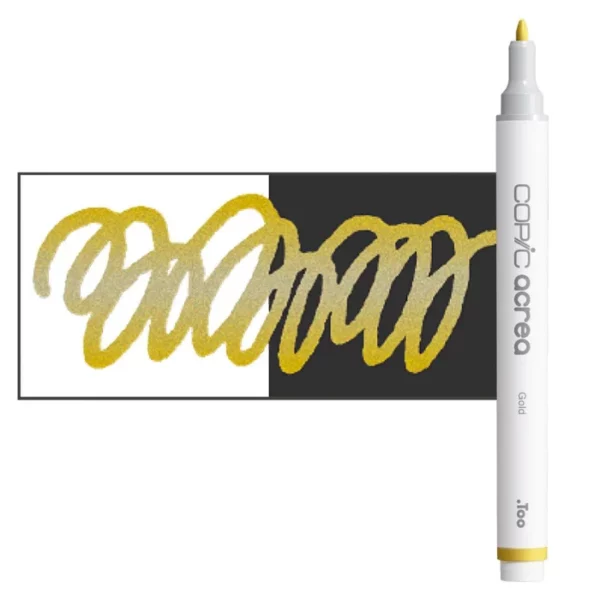 A single Gold Copic Acrea Paint Marker is shown standing vertically along the right hand side of the frame. The marker does not have a lid on, so you can see the round bullet tip. The marker is white with a colour band around the bottom of the marker barrel that denotes the colour of the ink. There is a rectangular colour swatch to the left of the marker, and slightly under the marker. The ink is shown on a squiggle that is overlayed on a white and black bakground so you can see the ink is opaque. The image is center of the frame and on a white background.