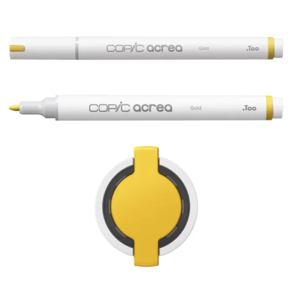 Two Gold Copic Acrea Paint Markers are shown, laying horizontally, one below the other, at the top of the frame. The marker at the top has a lid on and the marker below it has no lid. The markers are white and have a colour band around the base of the barrel that denotes the colour of the ink. The Copic Acrea logo is printed on the barrel of the marker with the colour name. The top of a lid can be seen in the center, bottom of the frame. There is a coloured circle on the cap that denotes the colour of the ink. The image is center of the frame and on a white background.