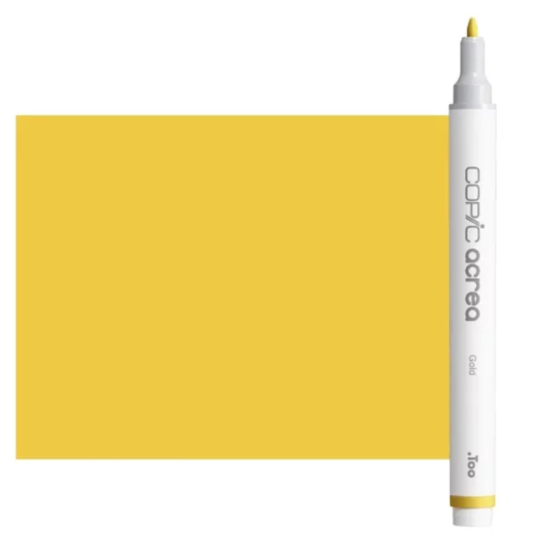 A single Gold Copic Acrea Paint Marker is shown standing vertically along the right hand side of the frame. The marker does not have a lid on, so you can see the round bullet tip. The marker is white with a colour band around the bottom of the marker barrel that denotes the colour of the ink. The Copic Acrea logo and colour name are printed on the barrel of the marker. There is a large, rectangular colour block to the left of the marker, and just underneath the marker that is filled with the colour of the ink. The image is center of the frame and on a white background.