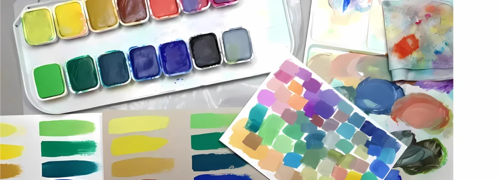 on the left of the image is a set of the gouache cakes. some have been wet. infront are various colour swatched showing how the colours look on different colours of paper.