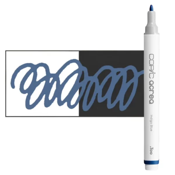 A single Indigo Blue Copic Acrea Paint Marker is shown standing vertically along the right hand side of the frame. The marker does not have a lid on, so you can see the round bullet tip. The marker is white with a colour band around the bottom of the marker barrel that denotes the colour of the ink. There is a rectangular colour swatch to the left of the marker, and slightly under the marker. The ink is shown on a squiggle that is overlayed on a white and black bakground so you can see the ink is opaque. The image is center of the frame and on a white background.