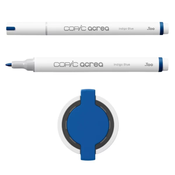 Two Indigo Blue Copic Acrea Paint Markers are shown, laying horizontally, one below the other, at the top of the frame. The marker at the top has a lid on and the marker below it has no lid. The markers are white and have a colour band around the base of the barrel that denotes the colour of the ink. The Copic Acrea logo is printed on the barrel of the marker with the colour name. The top of a lid can be seen in the center, bottom of the frame. There is a coloured circle on the cap that denotes the colour of the ink. The image is center of the frame and on a white background.