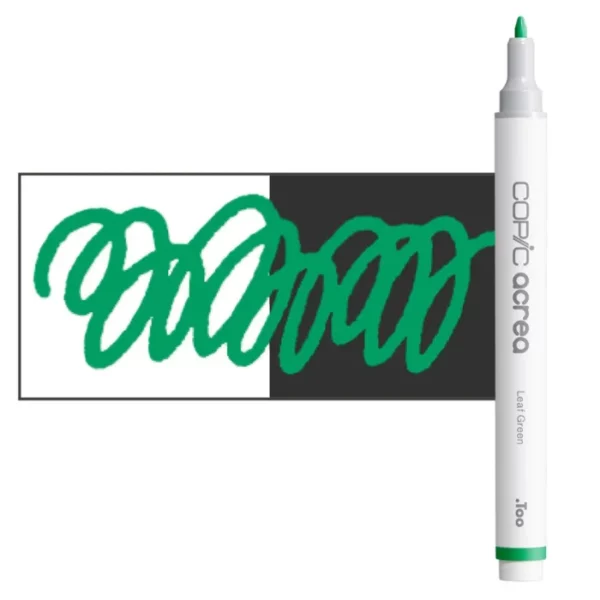 A single Leaf Green Copic Acrea Paint Marker is shown standing vertically along the right hand side of the frame. The marker does not have a lid on, so you can see the round bullet tip. The marker is white with a colour band around the bottom of the marker barrel that denotes the colour of the ink. There is a rectangular colour swatch to the left of the marker, and slightly under the marker. The ink is shown on a squiggle that is overlayed on a white and black bakground so you can see the ink is opaque. The image is center of the frame and on a white background.