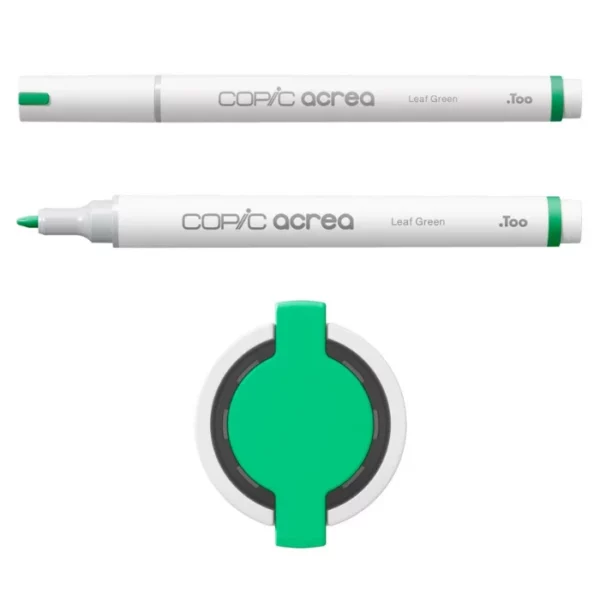 Two Leaf Green Copic Acrea Paint Markers are shown, laying horizontally, one below the other, at the top of the frame. The marker at the top has a lid on and the marker below it has no lid. The markers are white and have a colour band around the base of the barrel that denotes the colour of the ink. The Copic Acrea logo is printed on the barrel of the marker with the colour name. The top of a lid can be seen in the center, bottom of the frame. There is a coloured circle on the cap that denotes the colour of the ink. The image is center of the frame and on a white background.