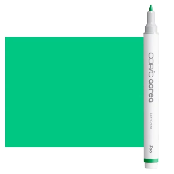 A single Leaf Green Copic Acrea Paint Marker is shown standing vertically along the right hand side of the frame. The marker does not have a lid on, so you can see the round bullet tip. The marker is white with a colour band around the bottom of the marker barrel that denotes the colour of the ink. The Copic Acrea logo and colour name are printed on the barrel of the marker. There is a large, rectangular colour block to the left of the marker, and just underneath the marker that is filled with the colour of the ink. The image is center of the frame and on a white background.