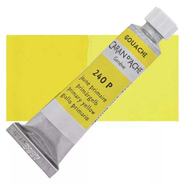 A single Lemon Primary Yellow Caran D'Ache Studio Gouache Tube is shown diagonally across the center of the frame, overlapping a rectangular colour swatch in the background, which denotes the colour of the paint. The tube is silver and has a label around the body of the tube, that is printed in the colour of the paint. The Caran D'Ache logo, Paint Colour and details are printed on the label. The tube has a white plastic screw on cap. On a white background.