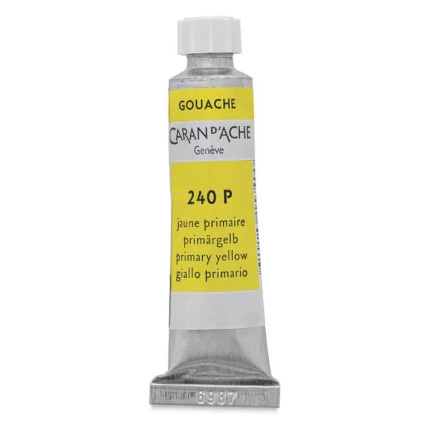 A single tube of Lemon Primary Yellow Caran D'Ache Studio Gouache Tube is shown vertically in the center of the frame. The tube is silver and has a label around the body of the tube, that is printed in the colour of the paint. The Caran D'Ache logo, Paint Colour and details are printed on the label. The tube has a white plastic screw on cap. On a white background.