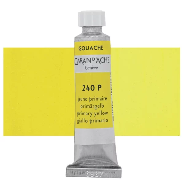 A single Lemon Primary Yellow Caran D'Ache Studio Gouache Tube is shown vertically in the center of the frame, overlapping a rectangular colour swatch in the background, which denotes the colour of the paint. The tube is silver and has a label around the body of the tube, that is printed in the colour of the paint. The Caran D'Ache logo, Paint Colour and details are printed on the label. The tube has a white plastic screw on cap. On a white background.