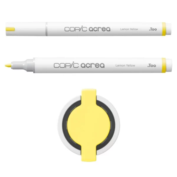 Two Lemon Yellow Copic Acrea Paint Markers are shown, laying horizontally, one below the other, at the top of the frame. The marker at the top has a lid on and the marker below it has no lid. The markers are white and have a colour band around the base of the barrel that denotes the colour of the ink. The Copic Acrea logo is printed on the barrel of the marker with the colour name. The top of a lid can be seen in the center, bottom of the frame. There is a coloured circle on the cap that denotes the colour of the ink. The image is center of the frame and on a white background.