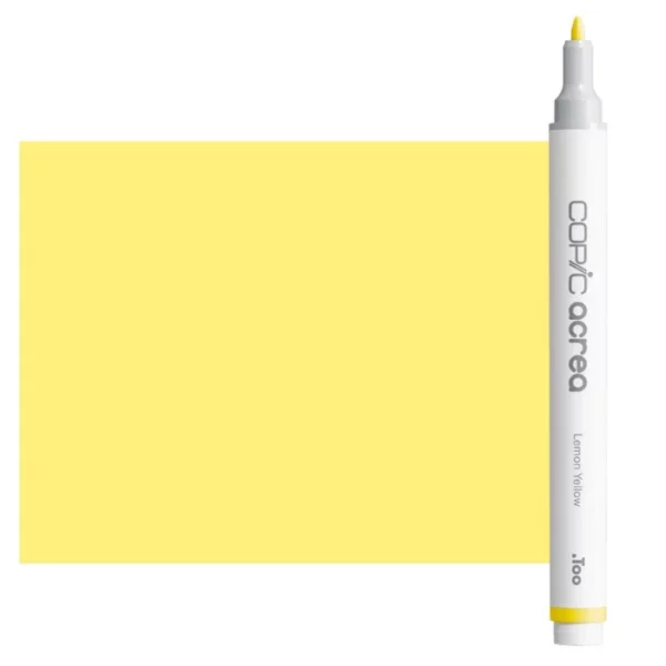 A single Lemon Yellow Copic Acrea Paint Marker is shown standing vertically along the right hand side of the frame. The marker does not have a lid on, so you can see the round bullet tip. The marker is white with a colour band around the bottom of the marker barrel that denotes the colour of the ink. The Copic Acrea logo and colour name are printed on the barrel of the marker. There is a large, rectangular colour block to the left of the marker, and just underneath the marker that is filled with the colour of the ink. The image is center of the frame and on a white background.