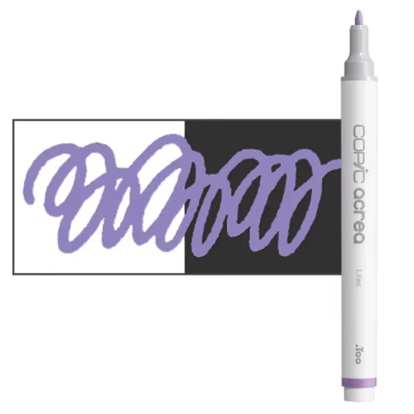 A single Lilac Copic Acrea Paint Marker is shown standing vertically along the right hand side of the frame. The marker does not have a lid on, so you can see the round bullet tip. The marker is white with a colour band around the bottom of the marker barrel that denotes the colour of the ink. There is a rectangular colour swatch to the left of the marker, and slightly under the marker. The ink is shown on a squiggle that is overlayed on a white and black bakground so you can see the ink is opaque. The image is center of the frame and on a white background.