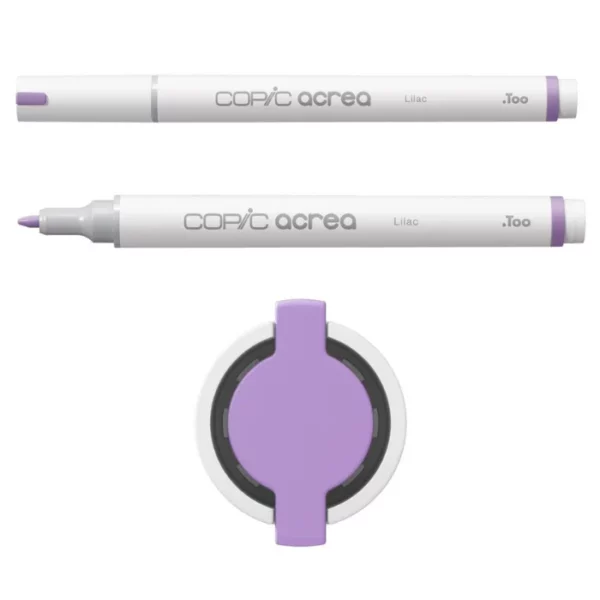 Two Lilac Copic Acrea Paint Markers are shown, laying horizontally, one below the other, at the top of the frame. The marker at the top has a lid on and the marker below it has no lid. The markers are white and have a colour band around the base of the barrel that denotes the colour of the ink. The Copic Acrea logo is printed on the barrel of the marker with the colour name. The top of a lid can be seen in the center, bottom of the frame. There is a coloured circle on the cap that denotes the colour of the ink. The image is center of the frame and on a white background.