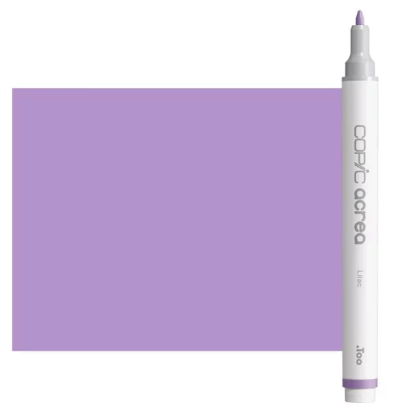 A single Lilac Copic Acrea Paint Marker is shown standing vertically along the right hand side of the frame. The marker does not have a lid on, so you can see the round bullet tip. The marker is white with a colour band around the bottom of the marker barrel that denotes the colour of the ink. The Copic Acrea logo and colour name are printed on the barrel of the marker. There is a large, rectangular colour block to the left of the marker, and just underneath the marker that is filled with the colour of the ink. The image is center of the frame and on a white background.