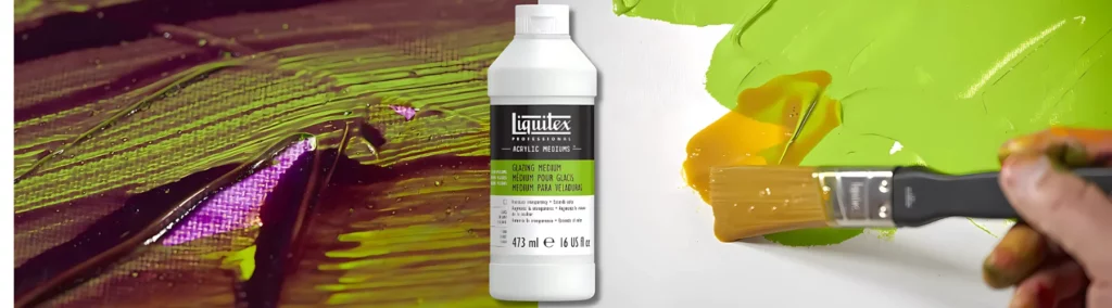 the background on the left is a blend of green and purple acrylic paint on a canvas and the stripes of mixing colour are visable. the background on the right is of green paint being mixed with the medium on a white surface by a paintbrush. in the front and at the center is the tub of liquitex with its green label