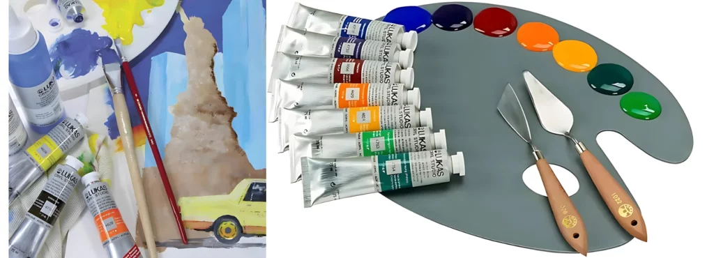 the left image is of three lukas cryl 75ml tubes lying next to a canvas with a car paintd on it. around the paints there are brushes and palettes. the colours are all pastel in nature. the right hand image is of a large grey kidney shaped palette with two palette knives on it with blobs of different colours of lukas cryl studio 75ml paint in various different colours. the tubes of lukas are positioned on the left hand side of the paletter. they are silver metal tubes with white caps.