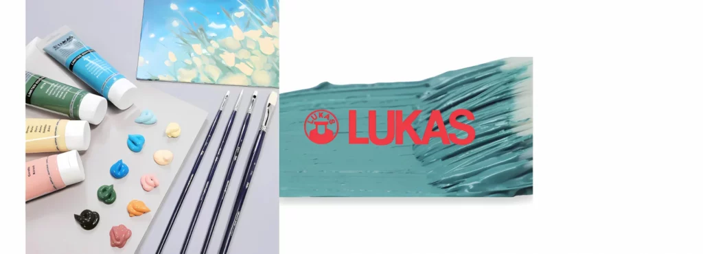 the left hand image is of four tubes of lukas cryl studio 125ml paint tubes lying on their side facing a paper palette that has paint squeezed out onto it in various different colours. next to that are four long handled brushes and above them is a canvas panel that has been painted using those colours. all lying on a table. the right hand image is of a brush pulling teal paint along with it forming a stripe with the lukas logo in it in red. on a white background