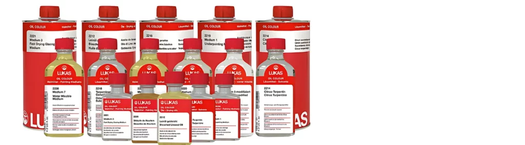 in the center of the image are various bottles and tins of the lukas oil mediums. they are clear glass bottles with the tins are silve, they all have red labels and red lids. on a white background