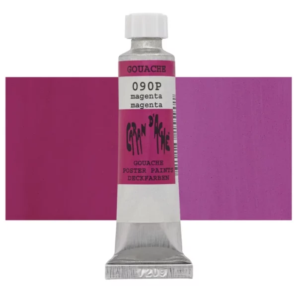 A single Magenta Caran D'Ache Studio Gouache Tube is shown vertically in the center of the frame, overlapping a rectangular colour swatch in the background, which denotes the colour of the paint. The tube is silver and has a label around the body of the tube, that is printed in the colour of the paint. The Caran D'Ache logo, Paint Colour and details are printed on the label. The tube has a white plastic screw on cap. On a white background.