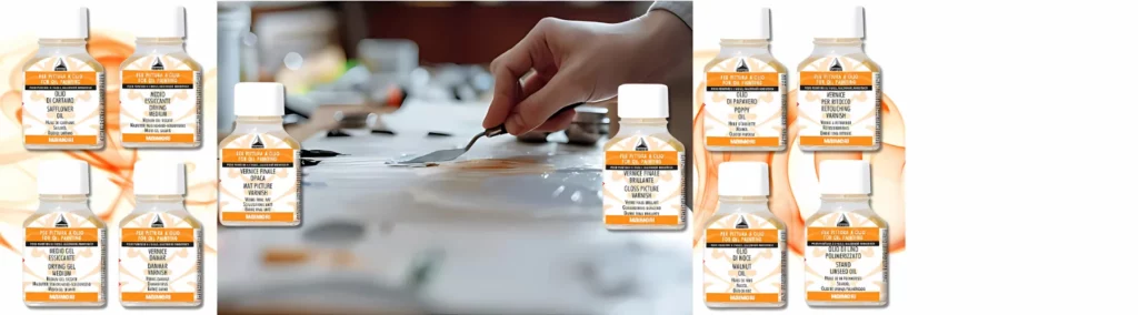 across the background there is a orange whispy paint that runs the length of the picture. in the left and right of the picture there are five bottles of oil medium. two on top and two on the bottom and one on the side. they are all glass and have white lids and orange labels. in the centre is an image of someone using a palette knife to mix oil paint and maimeri oil mediums together for a painting