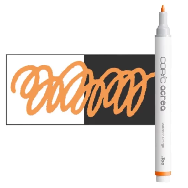 A single Mandarin Orange Copic Acrea Paint Marker is shown standing vertically along the right hand side of the frame. The marker does not have a lid on, so you can see the round bullet tip. The marker is white with a colour band around the bottom of the marker barrel that denotes the colour of the ink. There is a rectangular colour swatch to the left of the marker, and slightly under the marker. The ink is shown on a squiggle that is overlayed on a white and black bakground so you can see the ink is opaque. The image is center of the frame and on a white background.