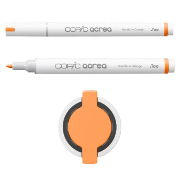 Two Mandarin Orange Copic Acrea Paint Markers are shown, laying horizontally, one below the other, at the top of the frame. The marker at the top has a lid on and the marker below it has no lid. The markers are white and have a colour band around the base of the barrel that denotes the colour of the ink. The Copic Acrea logo is printed on the barrel of the marker with the colour name. The top of a lid can be seen in the center, bottom of the frame. There is a coloured circle on the cap that denotes the colour of the ink. The image is center of the frame and on a white background.