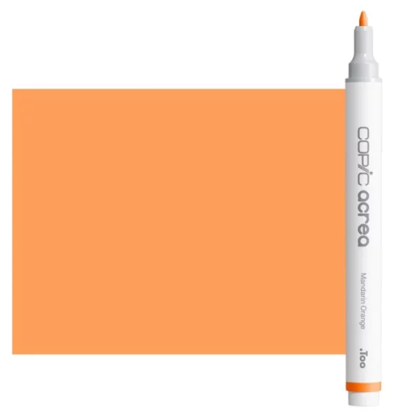 A single Mandarin Orange Copic Acrea Paint Marker is shown standing vertically along the right hand side of the frame. The marker does not have a lid on, so you can see the round bullet tip. The marker is white with a colour band around the bottom of the marker barrel that denotes the colour of the ink. The Copic Acrea logo and colour name are printed on the barrel of the marker. There is a large, rectangular colour block to the left of the marker, and just underneath the marker that is filled with the colour of the ink. The image is center of the frame and on a white background.