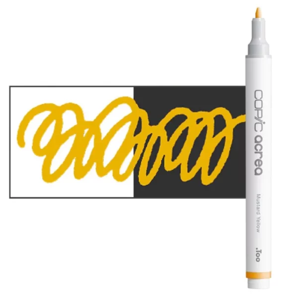 A single Mustard Yellow Copic Acrea Paint Marker is shown standing vertically along the right hand side of the frame. The marker does not have a lid on, so you can see the round bullet tip. The marker is white with a colour band around the bottom of the marker barrel that denotes the colour of the ink. There is a rectangular colour swatch to the left of the marker, and slightly under the marker. The ink is shown on a squiggle that is overlayed on a white and black bakground so you can see the ink is opaque. The image is center of the frame and on a white background.