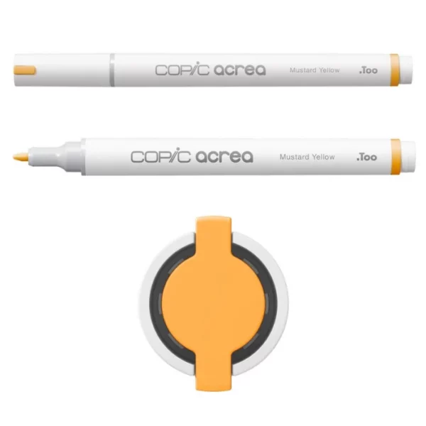 Two Mustard Yellow Copic Acrea Paint Markers are shown, laying horizontally, one below the other, at the top of the frame. The marker at the top has a lid on and the marker below it has no lid. The markers are white and have a colour band around the base of the barrel that denotes the colour of the ink. The Copic Acrea logo is printed on the barrel of the marker with the colour name. The top of a lid can be seen in the center, bottom of the frame. There is a coloured circle on the cap that denotes the colour of the ink. The image is center of the frame and on a white background.