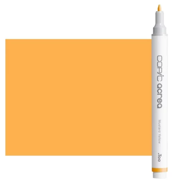 A single Mustard Yellow Copic Acrea Paint Marker is shown standing vertically along the right hand side of the frame. The marker does not have a lid on, so you can see the round bullet tip. The marker is white with a colour band around the bottom of the marker barrel that denotes the colour of the ink. The Copic Acrea logo and colour name are printed on the barrel of the marker. There is a large, rectangular colour block to the left of the marker, and just underneath the marker that is filled with the colour of the ink. The image is center of the frame and on a white background.