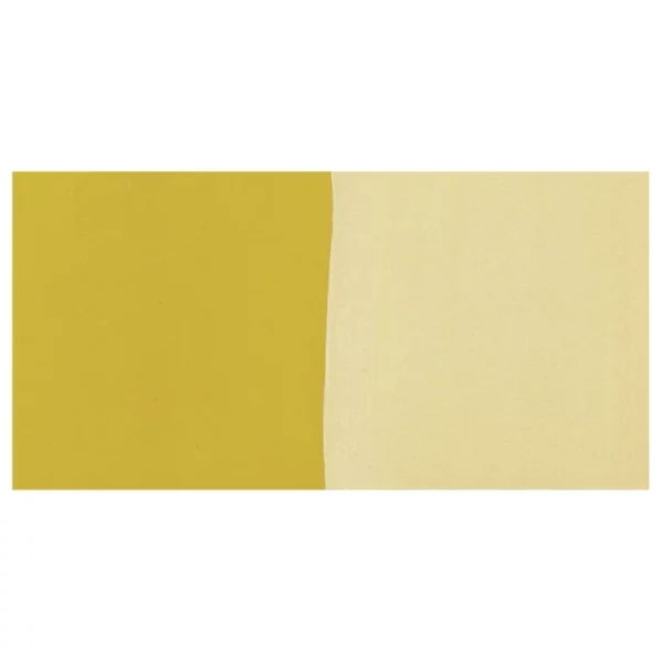 A colour swatch for Ochre Caran D'Ache Studio Gouache Tube is shown in a horizontal rectangle in the center of the frame. On a white background.