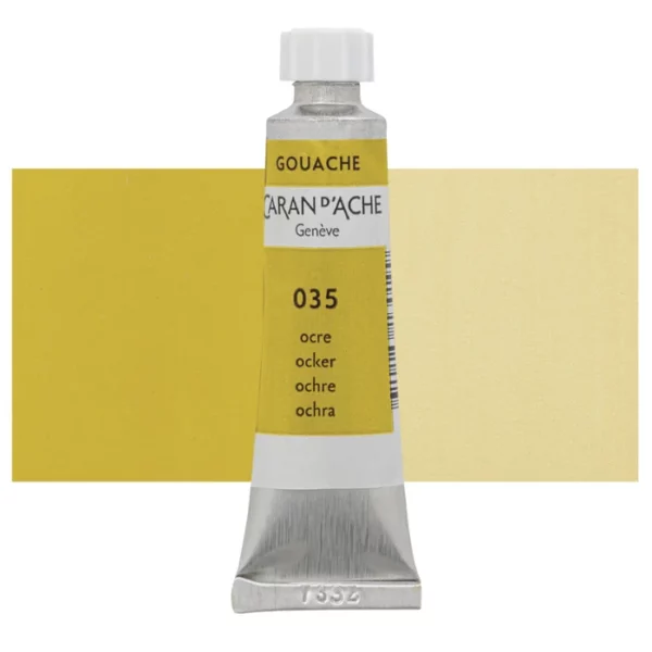 A single Ochre Caran D'Ache Studio Gouache Tube is shown vertically in the center of the frame, overlapping a rectangular colour swatch in the background, which denotes the colour of the paint. The tube is silver and has a label around the body of the tube, that is printed in the colour of the paint. The Caran D'Ache logo, Paint Colour and details are printed on the label. The tube has a white plastic screw on cap. On a white background.