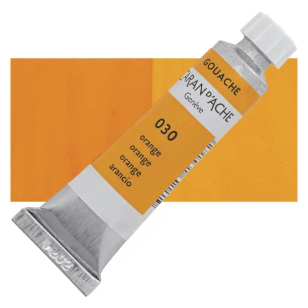 A single Orange Caran D'Ache Studio Gouache Tube is shown diagonally across the center of the frame, overlapping a rectangular colour swatch in the background, which denotes the colour of the paint. The tube is silver and has a label around the body of the tube, that is printed in the colour of the paint. The Caran D'Ache logo, Paint Colour and details are printed on the label. The tube has a white plastic screw on cap. On a white background.