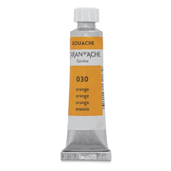 A single tube of Orange Caran D'Ache Studio Gouache Tube is shown vertically in the center of the frame. The tube is silver and has a label around the body of the tube, that is printed in the colour of the paint. The Caran D'Ache logo, Paint Colour and details are printed on the label. The tube has a white plastic screw on cap. On a white background.