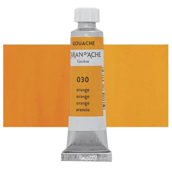 A single Orange Caran D'Ache Studio Gouache Tube is shown vertically in the center of the frame, overlapping a rectangular colour swatch in the background, which denotes the colour of the paint. The tube is silver and has a label around the body of the tube, that is printed in the colour of the paint. The Caran D'Ache logo, Paint Colour and details are printed on the label. The tube has a white plastic screw on cap. On a white background.