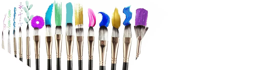 across the bottom of the image is a selection of different shaped and sized brushes. they all have black habdles and silver ferrules. above them are paint marks in different colours showing what each diferrent type of brush can do. on a white background