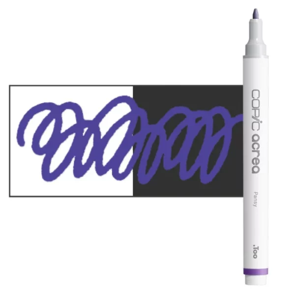 A single Pansy Copic Acrea Paint Marker is shown standing vertically along the right hand side of the frame. The marker does not have a lid on, so you can see the round bullet tip. The marker is white with a colour band around the bottom of the marker barrel that denotes the colour of the ink. There is a rectangular colour swatch to the left of the marker, and slightly under the marker. The ink is shown on a squiggle that is overlayed on a white and black bakground so you can see the ink is opaque. The image is center of the frame and on a white background.