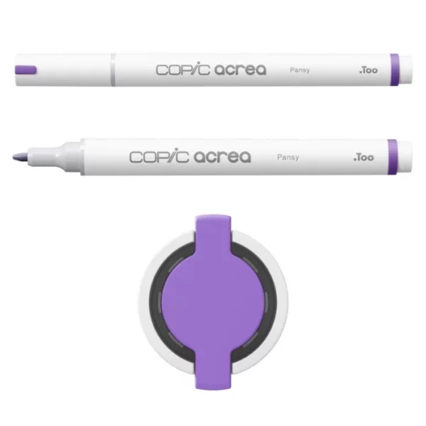 Two Pansy Copic Acrea Paint Markers are shown, laying horizontally, one below the other, at the top of the frame. The marker at the top has a lid on and the marker below it has no lid. The markers are white and have a colour band around the base of the barrel that denotes the colour of the ink. The Copic Acrea logo is printed on the barrel of the marker with the colour name. The top of a lid can be seen in the center, bottom of the frame. There is a coloured circle on the cap that denotes the colour of the ink. The image is center of the frame and on a white background.