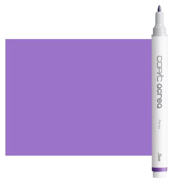 A single Pansy Copic Acrea Paint Marker is shown standing vertically along the right hand side of the frame. The marker does not have a lid on, so you can see the round bullet tip. The marker is white with a colour band around the bottom of the marker barrel that denotes the colour of the ink. The Copic Acrea logo and colour name are printed on the barrel of the marker. There is a large, rectangular colour block to the left of the marker, and just underneath the marker that is filled with the colour of the ink. The image is center of the frame and on a white background.