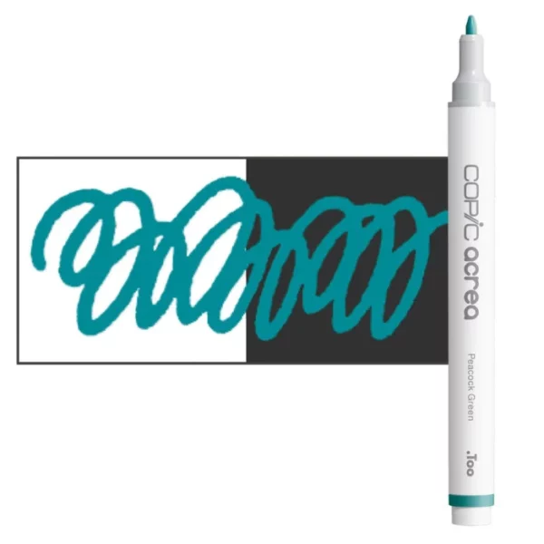 A single Peacock Green Copic Acrea Paint Marker is shown standing vertically along the right hand side of the frame. The marker does not have a lid on, so you can see the round bullet tip. The marker is white with a colour band around the bottom of the marker barrel that denotes the colour of the ink. There is a rectangular colour swatch to the left of the marker, and slightly under the marker. The ink is shown on a squiggle that is overlayed on a white and black bakground so you can see the ink is opaque. The image is center of the frame and on a white background.