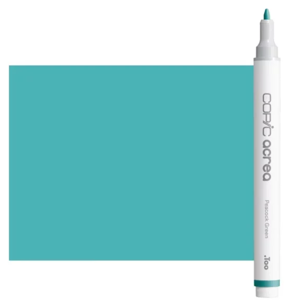 A single Peacock Green Copic Acrea Paint Marker is shown standing vertically along the right hand side of the frame. The marker does not have a lid on, so you can see the round bullet tip. The marker is white with a colour band around the bottom of the marker barrel that denotes the colour of the ink. The Copic Acrea logo and colour name are printed on the barrel of the marker. There is a large, rectangular colour block to the left of the marker, and just underneath the marker that is filled with the colour of the ink. The image is center of the frame and on a white background.