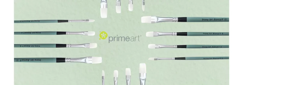 on the right hand side of the image is a set of bianco brushes they are lying with their hairs facing towards the left hand side of the image. on the left hand side they are are surrounding a prime art logo in the center. they have green handles, silver ferrules and white hairs. on a sgae green background