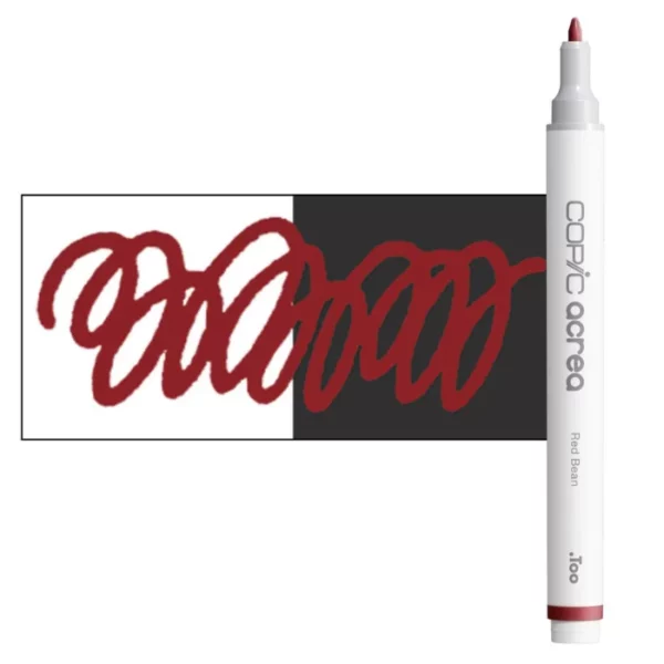 A single Red Bean Copic Acrea Paint Marker is shown standing vertically along the right hand side of the frame. The marker does not have a lid on, so you can see the round bullet tip. The marker is white with a colour band around the bottom of the marker barrel that denotes the colour of the ink. There is a rectangular colour swatch to the left of the marker, and slightly under the marker. The ink is shown on a squiggle that is overlayed on a white and black bakground so you can see the ink is opaque. The image is center of the frame and on a white background.