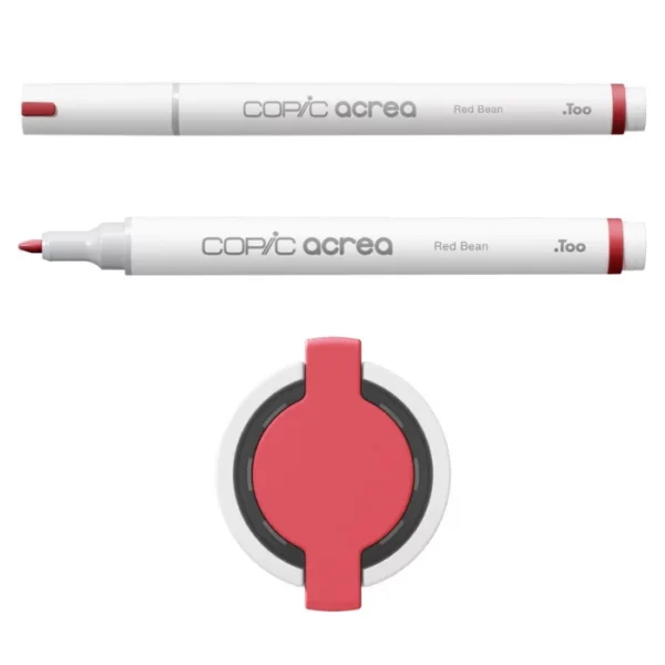 Two Red Bean Copic Acrea Paint Markers are shown, laying horizontally, one below the other, at the top of the frame. The marker at the top has a lid on and the marker below it has no lid. The markers are white and have a colour band around the base of the barrel that denotes the colour of the ink. The Copic Acrea logo is printed on the barrel of the marker with the colour name. The top of a lid can be seen in the center, bottom of the frame. There is a coloured circle on the cap that denotes the colour of the ink. The image is center of the frame and on a white background.