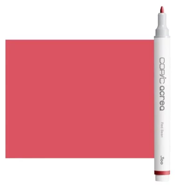 A single Red Bean Copic Acrea Paint Marker is shown standing vertically along the right hand side of the frame. The marker does not have a lid on, so you can see the round bullet tip. The marker is white with a colour band around the bottom of the marker barrel that denotes the colour of the ink. The Copic Acrea logo and colour name are printed on the barrel of the marker. There is a large, rectangular colour block to the left of the marker, and just underneath the marker that is filled with the colour of the ink. The image is center of the frame and on a white background.