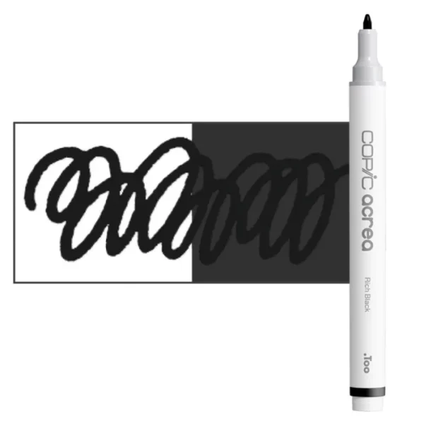 A single Rich Black Copic Acrea Paint Marker is shown standing vertically along the right hand side of the frame. The marker does not have a lid on, so you can see the round bullet tip. The marker is white with a colour band around the bottom of the marker barrel that denotes the colour of the ink. There is a rectangular colour swatch to the left of the marker, and slightly under the marker. The ink is shown on a squiggle that is overlayed on a white and black bakground so you can see the ink is opaque. The image is center of the frame and on a white background.