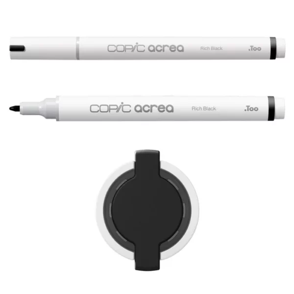 Two Rich Black Copic Acrea Paint Markers are shown, laying horizontally, one below the other, at the top of the frame. The marker at the top has a lid on and the marker below it has no lid. The markers are white and have a colour band around the base of the barrel that denotes the colour of the ink. The Copic Acrea logo is printed on the barrel of the marker with the colour name. The top of a lid can be seen in the center, bottom of the frame. There is a coloured circle on the cap that denotes the colour of the ink. The image is center of the frame and on a white background.